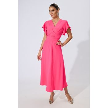 Rochie de ocazie cu decolteu in V si maneci tip volane Sheila Roz