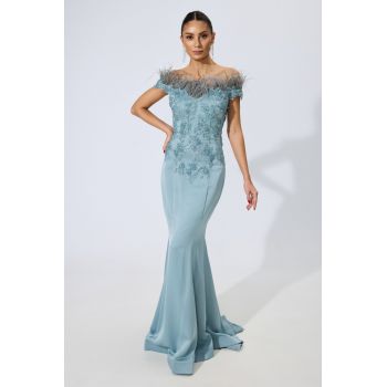 Rochie de ocazie tip sirena din satin cu broderie Absolute Vernil ieftina