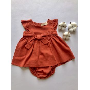 Rochita pentru Fetite din Bumbac 100% Caramizie ,   Cu Chilot si Cordon Detasabil ,   6-9 luni