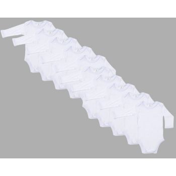 Set 10 Body-uri Albe din 100% Bumbac,  Maneca Lunga, 6-12 luni