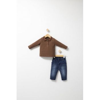 Set 2 Piese cu Bluza si Pantaloni de Blugi Forest pentru Baietei ,   Tongs Baby, Maro, 18-24 luni