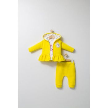 Set Pantaloni, Bluza si Hainuta cu Gluga Eleganta pentru Bebelusi Crazy Penguins ,   Tongs Baby, Galben, masura 12-18 luni