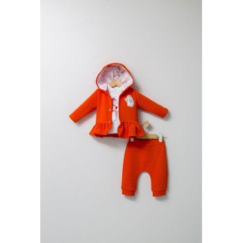 Set Pantaloni, Bluza si Hainuta cu Gluga Eleganta pentru Bebelusi Crazy Penguins ,   Tongs Baby, Portocaliu, masura 24-36 luni