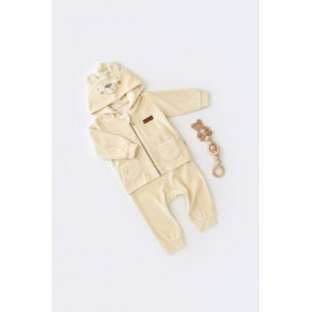 Set Ursulet BabyCosy ,   Bluzita cu Fermoar, Gluga si Pantaloni Lungi, Crem, 9-12 luni