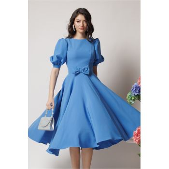 Rochie DY Fashion office din stofa bleu cu funda in talie