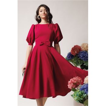 Rochie DY Fashion office din stofa magenta cu funda in talie