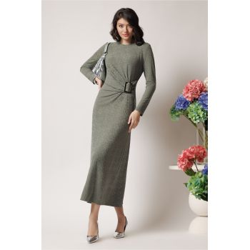Rochie lunga casual din jerse kaki cu model si catarama in talie ieftina la reducere