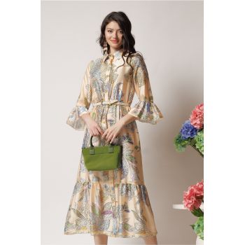 Rochie lunga de zi din satin bej cu imprimeuri si cordon in talie
