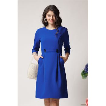 Rochie office din stofa albastra cu nasturi in talie