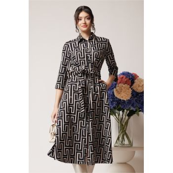 Rochie office din stofa neagra cu imprimeu bej si cordon in talie