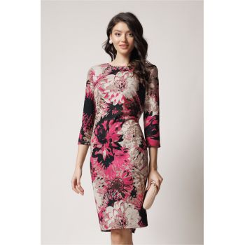 Rochie office din viscoza cu imprimeu fucsia si bej