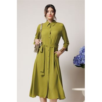 Rochie office din viscoza verde cu cordon in talie