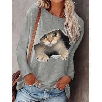 Bluza dama cu maneca lunga, Cute Kitty, print deosebit, gri ieftin