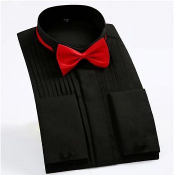 Camasa eleganta neagra, cu 2 papioane (rosu si negru) si butoni, marime 43 ieftina