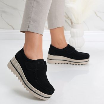 Pantofi dama cu platforma Negri din Piele Naturala Intoarsa Anera ieftini