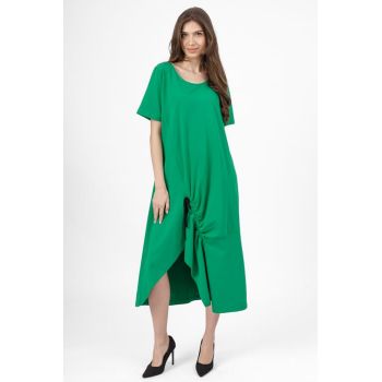 Rochie lunga A-line verde, din tricot de bumbac cu siret la poale