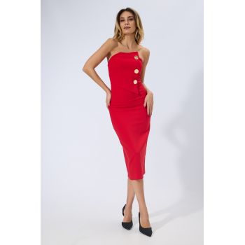 Rochie de ocazie cu umerii goi si butoni aurii Nadine Rosie