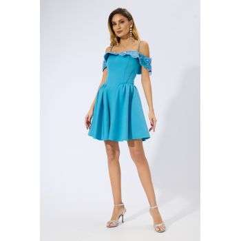 Rochie de ocazie premium tip baby doll cu flori din tull si strass-uri Estelle Bleu