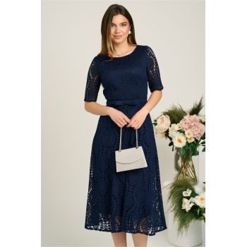Rochie DY Fashion eleganta din dantela bleumarin cu maneci scurte