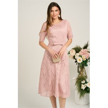 Rochie DY Fashion eleganta din dantela roz cu maneci scurte