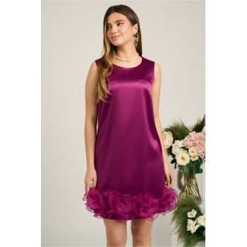 Rochie DY Fashion eleganta din satin magenta cu flori maxi din organza