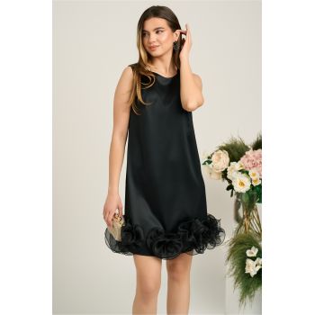 Rochie DY Fashion eleganta din satin neagra cu flori maxi din organza