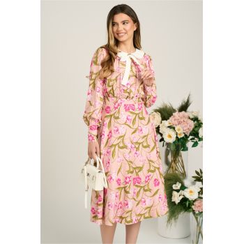 Rochie DY Fashion office din viscoza roz cu imprimeuri si funda la decolteu