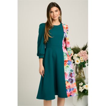 Rochie Ella Collection Dasha de zi din stofa verde cu imprimeu multicolor