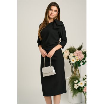 Rochie LaDonna eleganta din stofa neagra cu funda maxi pe umar si fronseu in talie