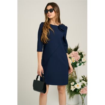 Rochie LaDonna office din stofa bleumarin cu floare pe umar