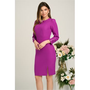 Rochie Moze eleganta din stofa mov cu perle la maneci