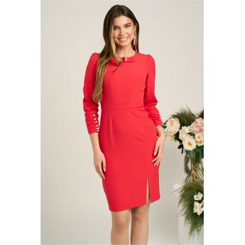 Rochie Moze eleganta din stofa rosu zmeura cu perle la maneci