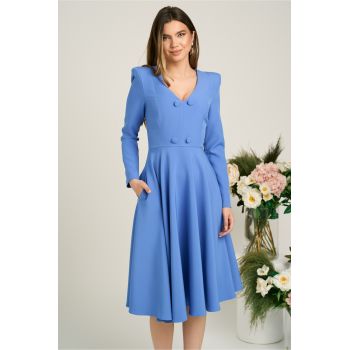 Rochie office din stofa bleu cu nasturi la bust