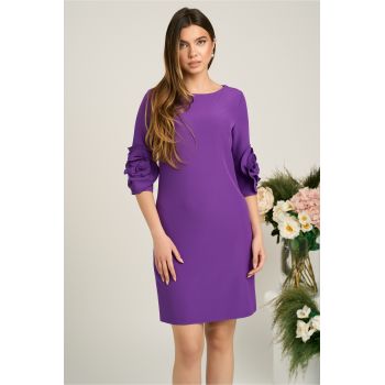 Rochie office din stofa mov cu trandafiri la baza manecilor