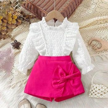 Compleu Fetite Camasa Alba si Fusta Pantaloni Roz Denisa - 12-18 luni