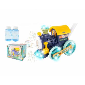 Trenulet generator de Baloane din Sapun, cu baterii, Sunete, Lumini, maner de impins si 2 sticlute cu lichid, 52 x 25 x 18 cm, Blue