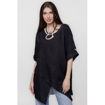 Bluza lunga tunica, in colturi, din in, neagra