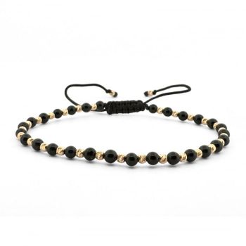 Bratara cu Bilute de Aur 14K si Pietre Onix 3 mm, snur Reglabil