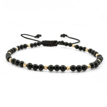 Bratara cu Bilute de Aur 14K si Pietre Semipretioase Onix 3 mm, snur Reglabil