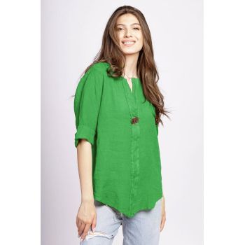 Camasa verde prazuliu din in cu nasture metalic decorativ