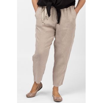 Pantaloni bej din in, pana, cu snur alb Pantaloni bej din in, pana, cu snur alb