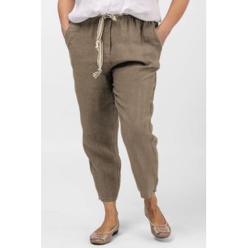 Pantaloni bej inchis din in, pana, cu snur alb