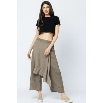 Pantaloni de vara din in, cu aplicatii pe fata si spate, bej inchis