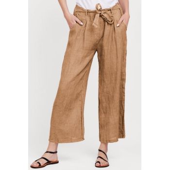 Pantaloni din in, cu cordon in talie, camel