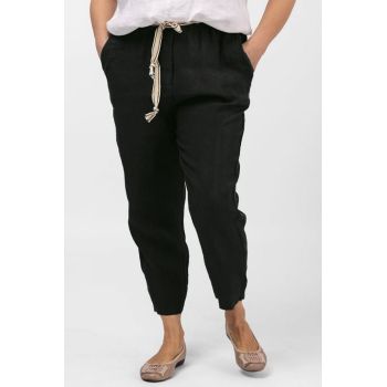 Pantaloni negri din in, pana, cu snur alb Pantaloni negri din in, pana, cu snur alb