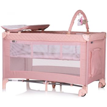 Patut pentru copii Chipolino Luna Pink marshmallow cu doua nivele, pliabil, saltea de infasat, organizator, intrarea laterala, bara cu jucarii, 2 roti, buzunar pentru accesorii, geanta de transport, greutate suportata 15 kg, standard EN716-1