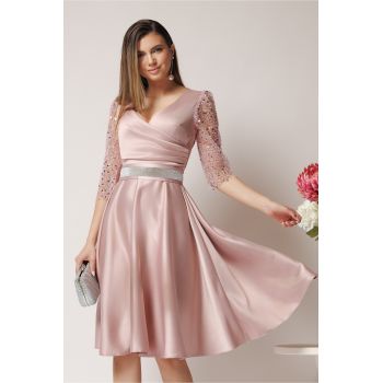 Rochie Adria eleganta din tafta roz cu cordon in talie
