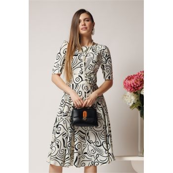 Rochie de zi din voal ivory cu imprimeuri si floare in talie