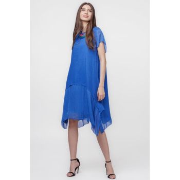Rochie din in cu volan din matase naturala si colturi, albastru electric