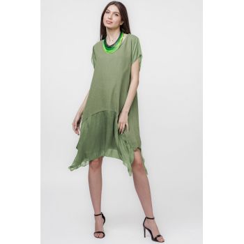 Rochie din in cu volan din matase naturala si colturi, kaki